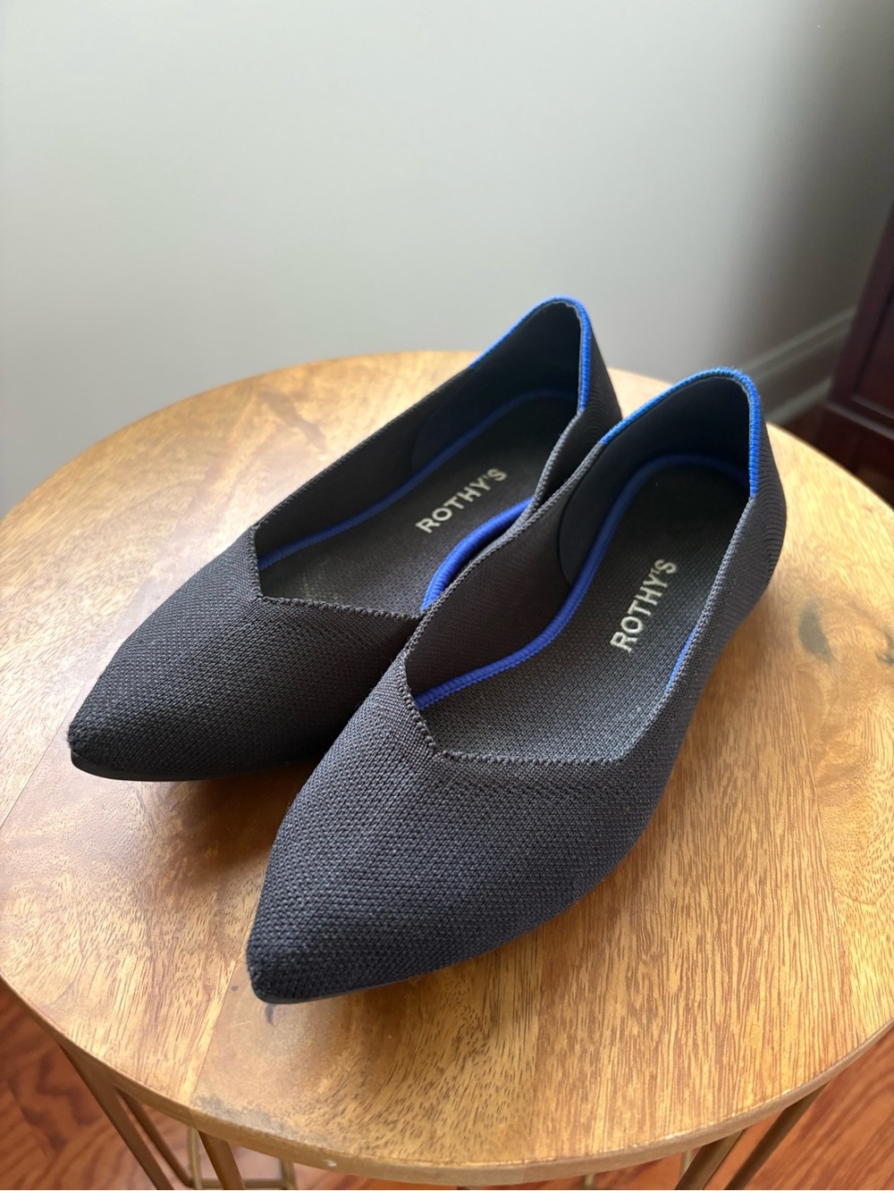Rothy's Black Pointed Knit Flats with Blue Trim